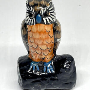 Terra Stone Owl Hand Painted Ceramic Figurine 2.75" Height Vintage